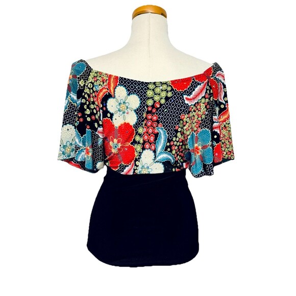 Y2K Multicolor Floral Top w Sparkle Dots Fitted Lower Off Shoulder Sydney Joy S - Picture 7 of 9